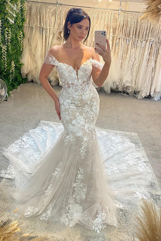 31688 - Unique Off the Shoulder Lace Mermaid Wedding Dress Bridal Gowns