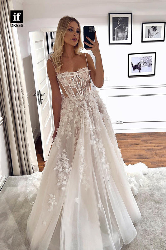 31574 - Charming Spaghetti Straps Appliques Sleeveless Tulle Wedding Dress
