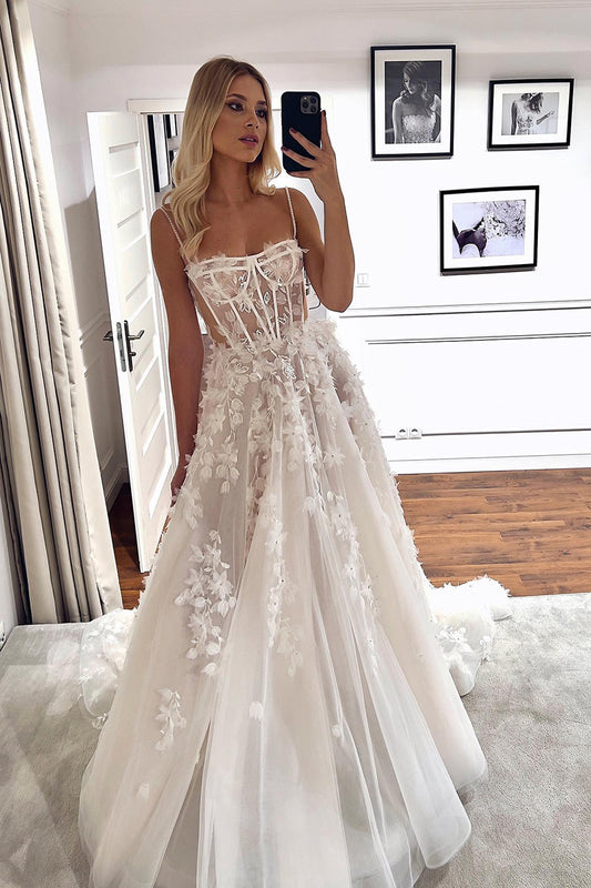 31693 - A line Spaghetti Straps 3D Lace Wedding Dress Bridal Gown