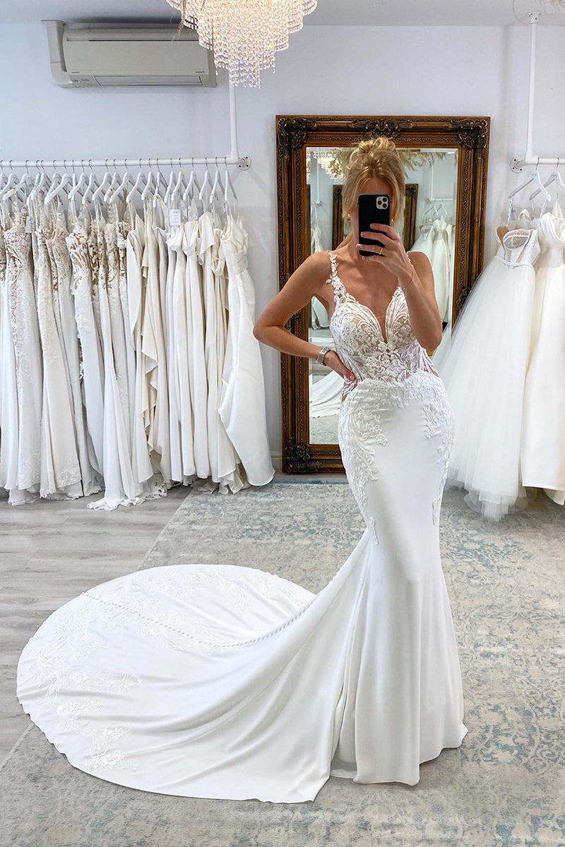 31704 - Arractive V-Neck Lace Appliques Mermaid Wedding Dress Bridal Gowns