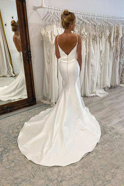 31705 - Spaghetti Straps V-neck Pleats Simple Mermaid Wedding Dress