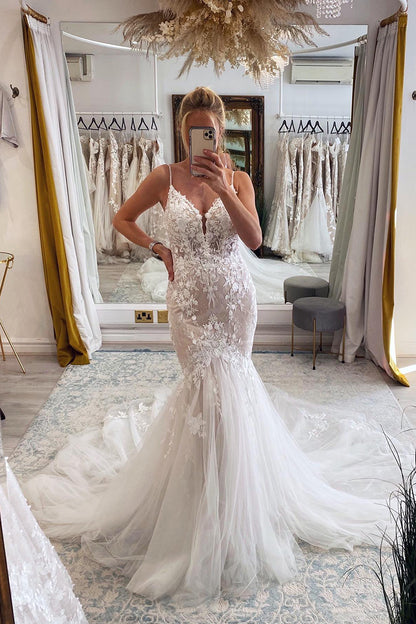 31708 - Spaghetti Straps Lace Appliques Mermaid Wedding Dress