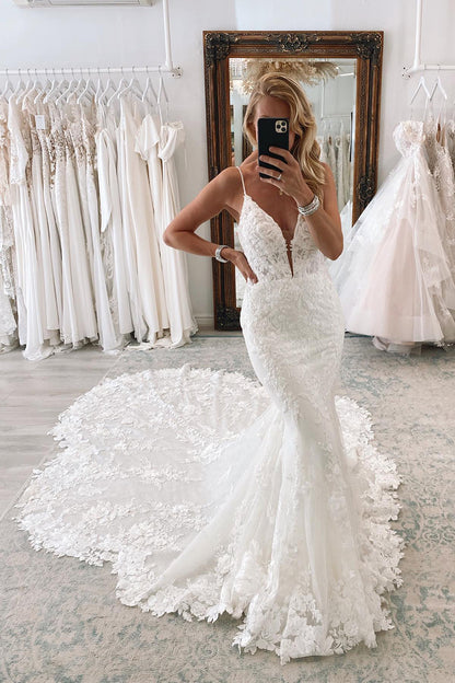 31709 - Plunging V-Neck Allover Romantic Lace Wedding Dress Mermaid Bridal Gown
