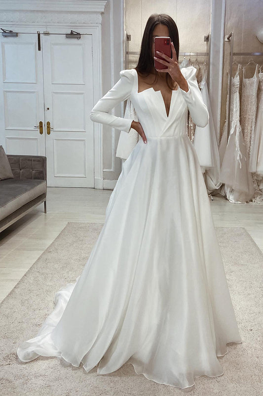 31710 - A Line Deep V-Neck Long Sleeves Satin Simple Wedding Dress
