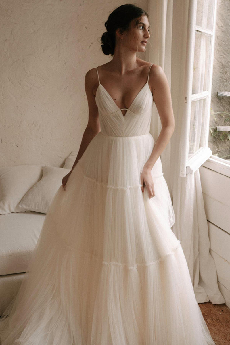 31720 - A Line V-Neck Tulle Ivory Simple Rustic Wedding Dress