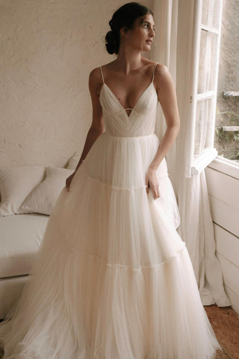 31720 - A Line V-Neck Tulle Ivory Simple Rustic Wedding Dress