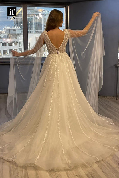 31722 - A-Line Double Straps Scoop Tulle Boho Wedding Dress