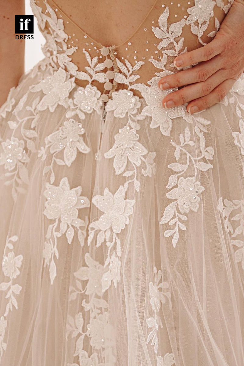 31727 - Illusion A-Line V-Neck Appliques Boho Wedding Dress