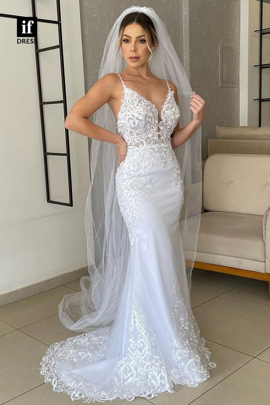 31730 - Elegant V-Neck Spaghetti Straps Lace Appliques Sheath Wedding Dress