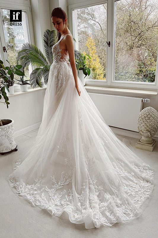 31670 - A Line Attrative V-Neck Lace Appliques Rustic Wedding Dress