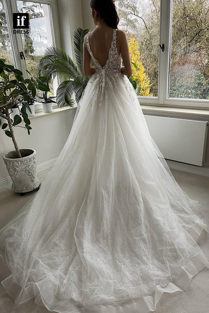 31681 - A Line V-Neck Lace Appliques Rustic Wedding Dress