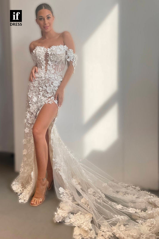 31666 - Illusion V-neck 3D Lace Bohemian Wedding Dress with Slit