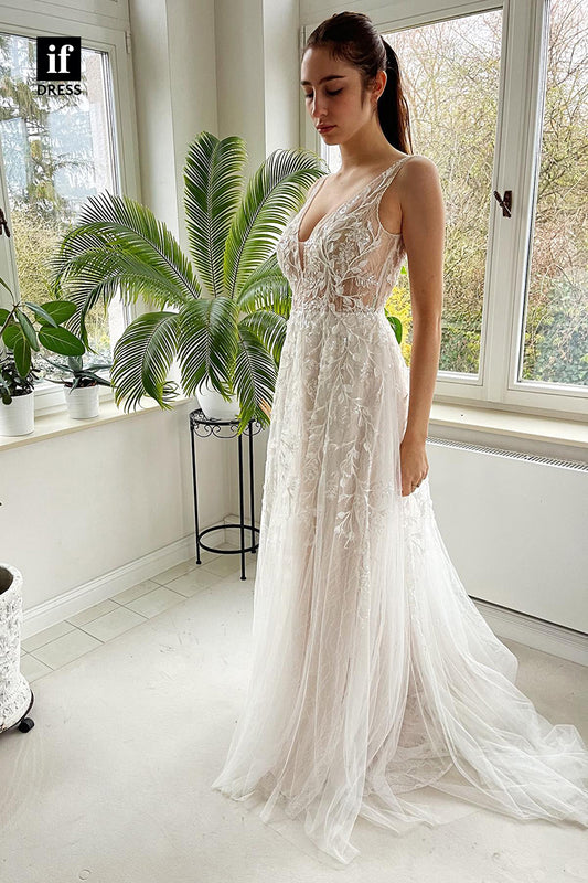 31669 - Romantic Beaded Lace V-neck A line Rustic Wedding Dress