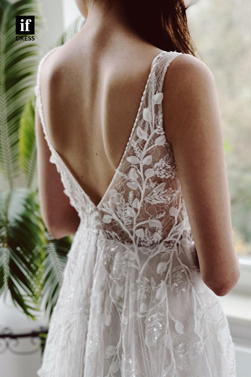 31669 - Romantic Beaded Lace V-neck A line Rustic Wedding Dress