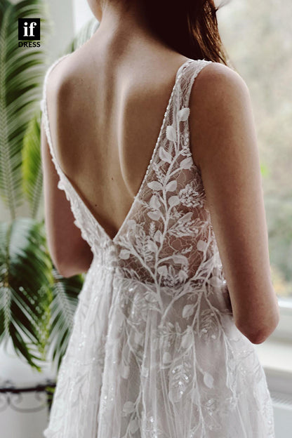31669 - Romantic Beaded Lace V-neck A line Rustic Wedding Dress