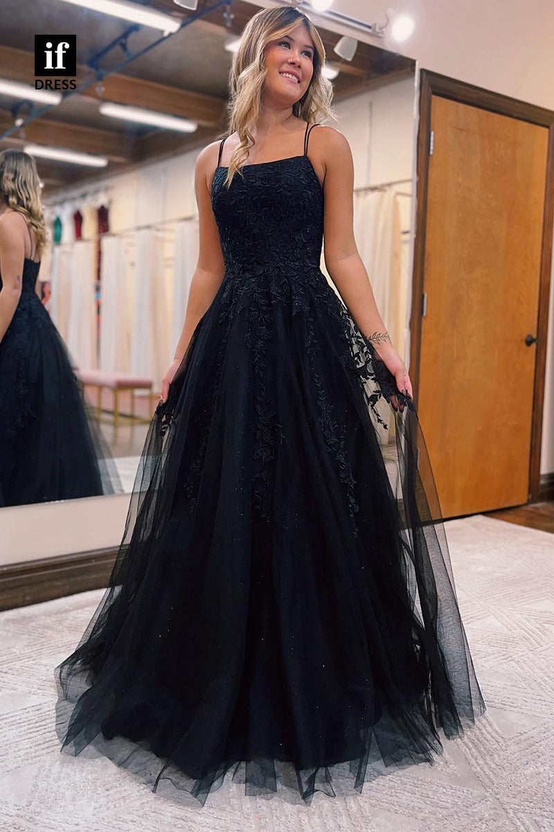 34053 - A Line Scoop Appliques Long Senior Prom Dress