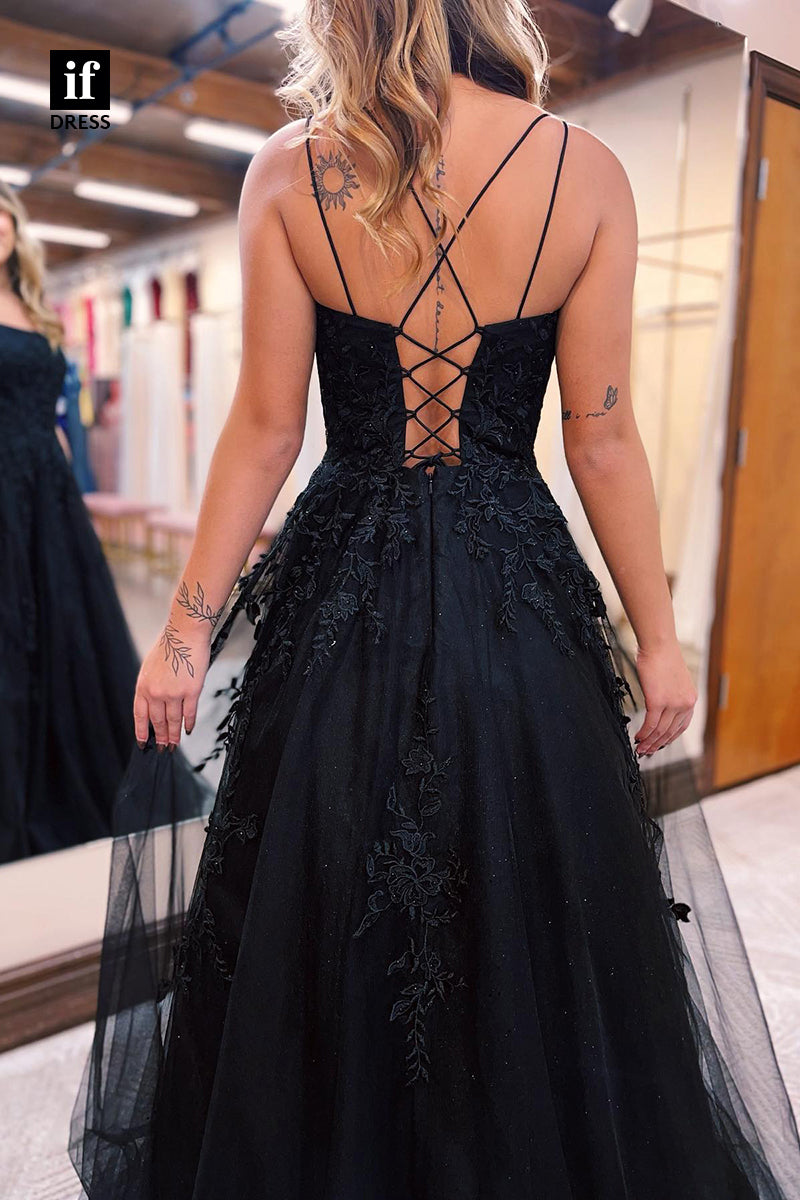 34053 - A Line Scoop Appliques Long Senior Prom Dress