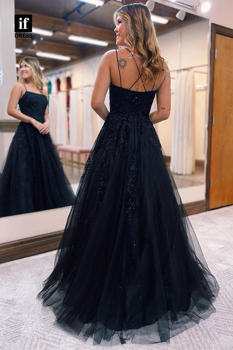 34053 - A Line Scoop Appliques Long Senior Prom Dress