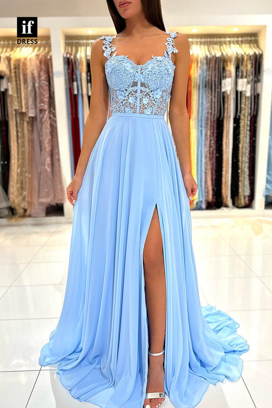34068 - A Line Lace Top Long Prom Bridesmaid  Dress with Slit