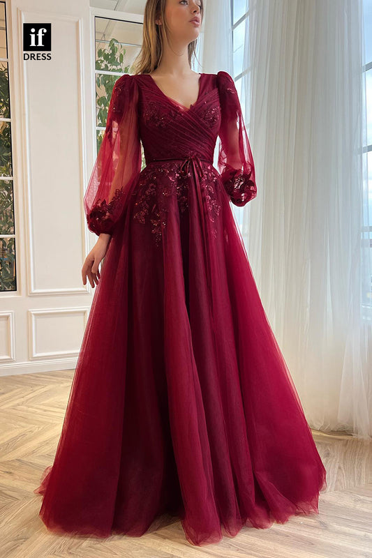 34052 - A Line V-neck Appliques Long Sleeves Burgund Prom Dress with Pockets