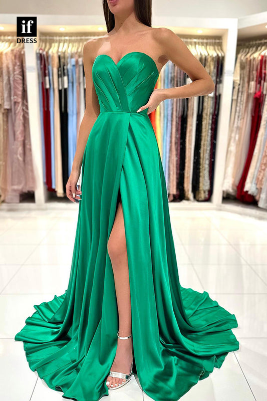 34067 - A Line Sweetheart Pleats Side Slit Long Prom Bridesmaid Dress with Train