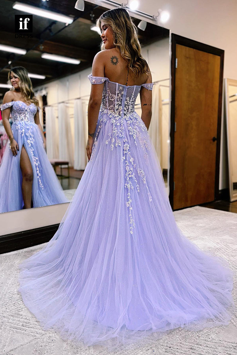 34057 - A Line Off the Shoulder Appliques Long  Prom Bridesmaid Dress