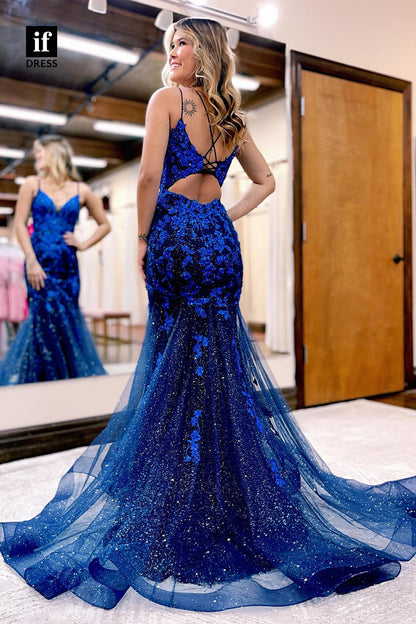 34061 - Spaghetti Straps Appliques Long Mermaid Prom Dress