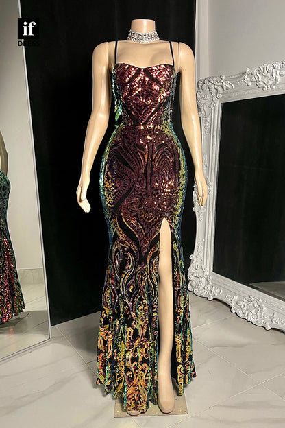 32839 - Spaghetti Straps Sequins Appliques Long Prom Dress for Black Slay