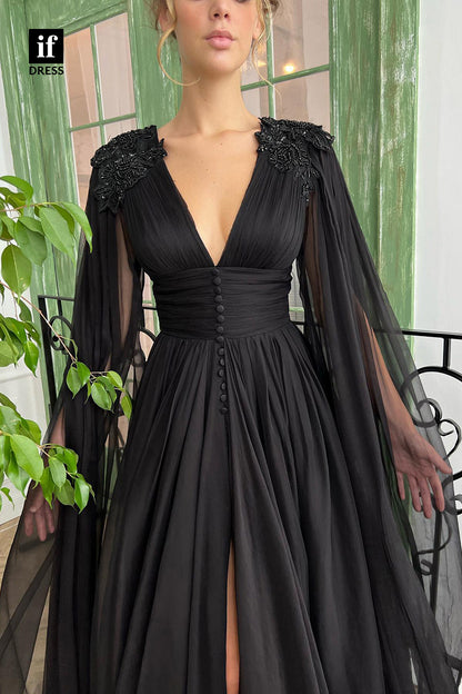 32841- Plunging V-Neck Beads Black Long Prom Dress with Pockets