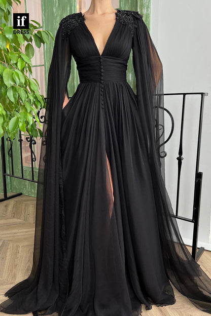 32841- Plunging V-Neck Beads Black Long Prom Dress with Pockets
