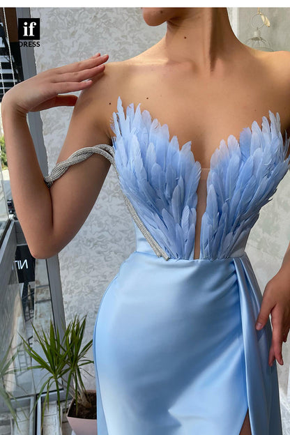 33870 - Sexy V-Neck Off-Shoulder Pleats Feathers Prom Formal Gown