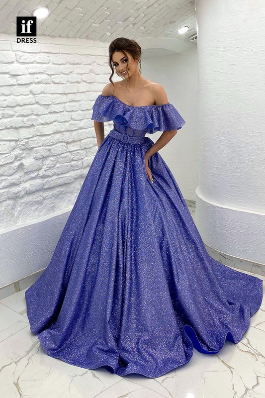 33875 - Elegant A-Line Off-Shoulder Scoop Belt Sequined Prom Fprmal Dress