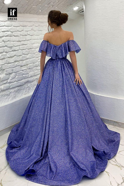 33875 - Elegant A-Line Off-Shoulder Scoop Belt Sequined Prom Fprmal Dress
