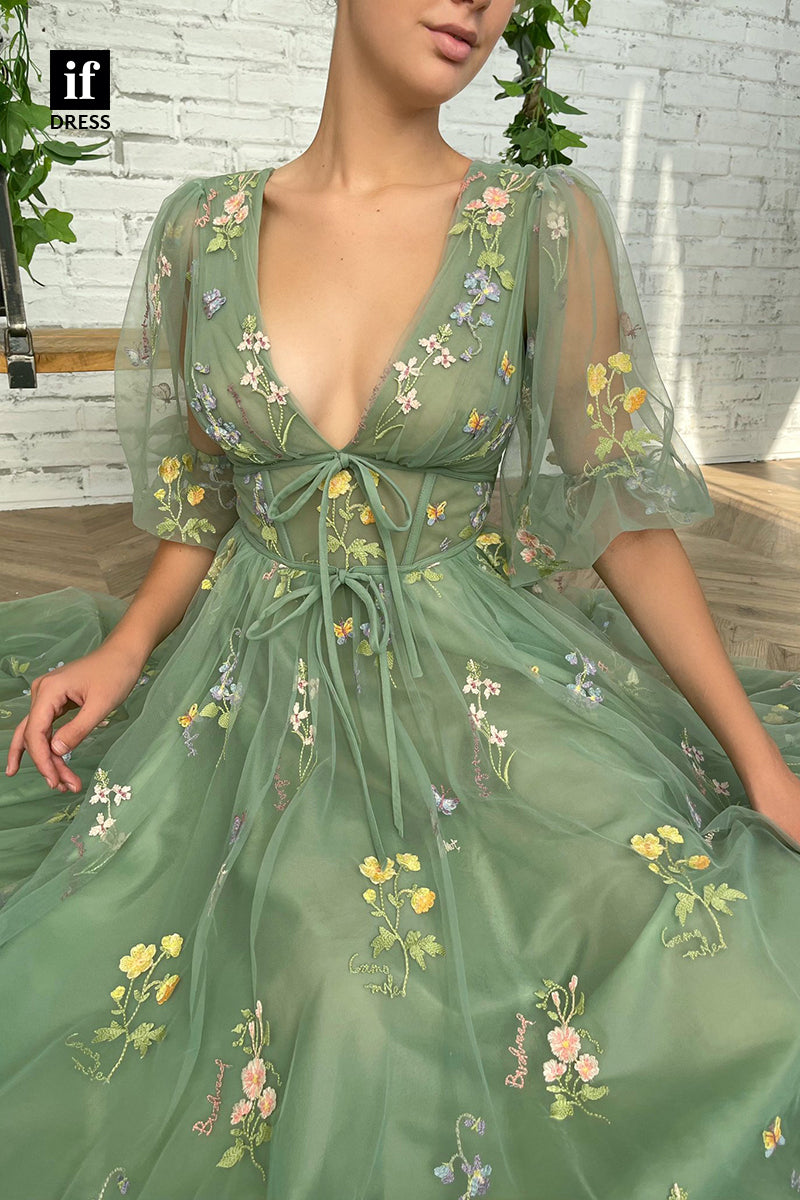 33876 - Illusion A-Line V-Neck Half Sleeves Appliques Tulle Prom Formal Dress