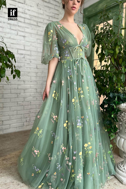 33876 - Illusion A-Line V-Neck Half Sleeves Appliques Tulle Prom Formal Dress