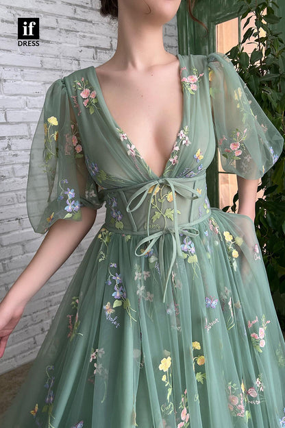 33876 - Illusion A-Line V-Neck Half Sleeves Appliques Tulle Prom Formal Dress