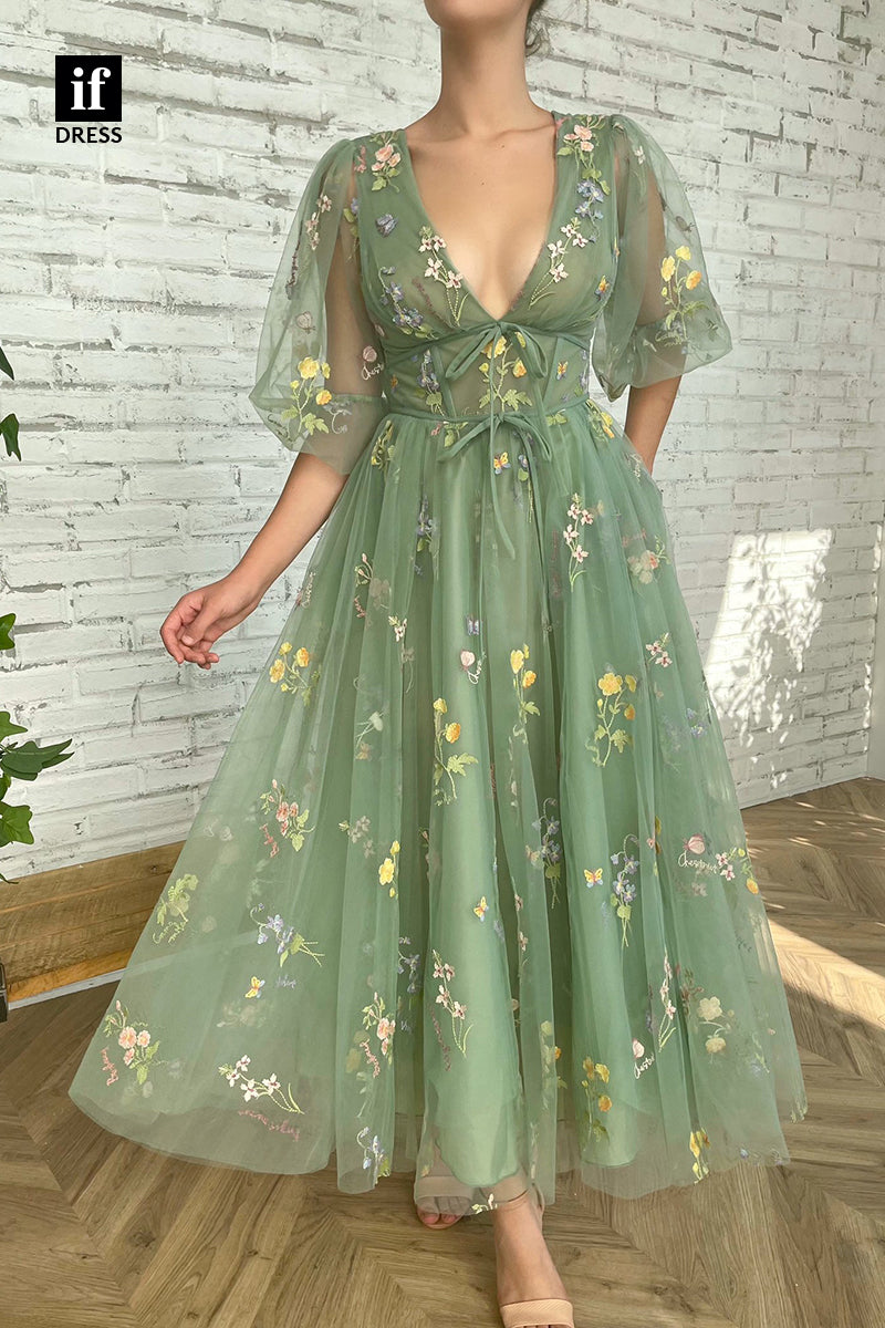 33876 - Illusion A-Line V-Neck Half Sleeves Appliques Tulle Prom Formal Dress