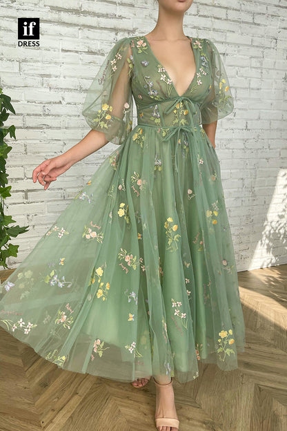 33876 - Illusion A-Line V-Neck Half Sleeves Appliques Tulle Prom Formal Dress