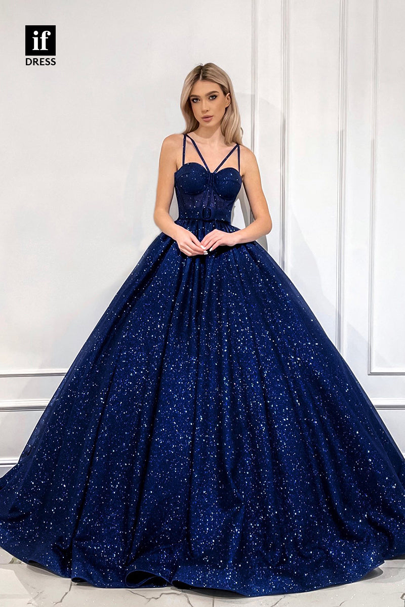 33912 - Sexy Spaghetti Straps Sweetheart Sleeveless Ball Gown Sparkly Formal Dress
