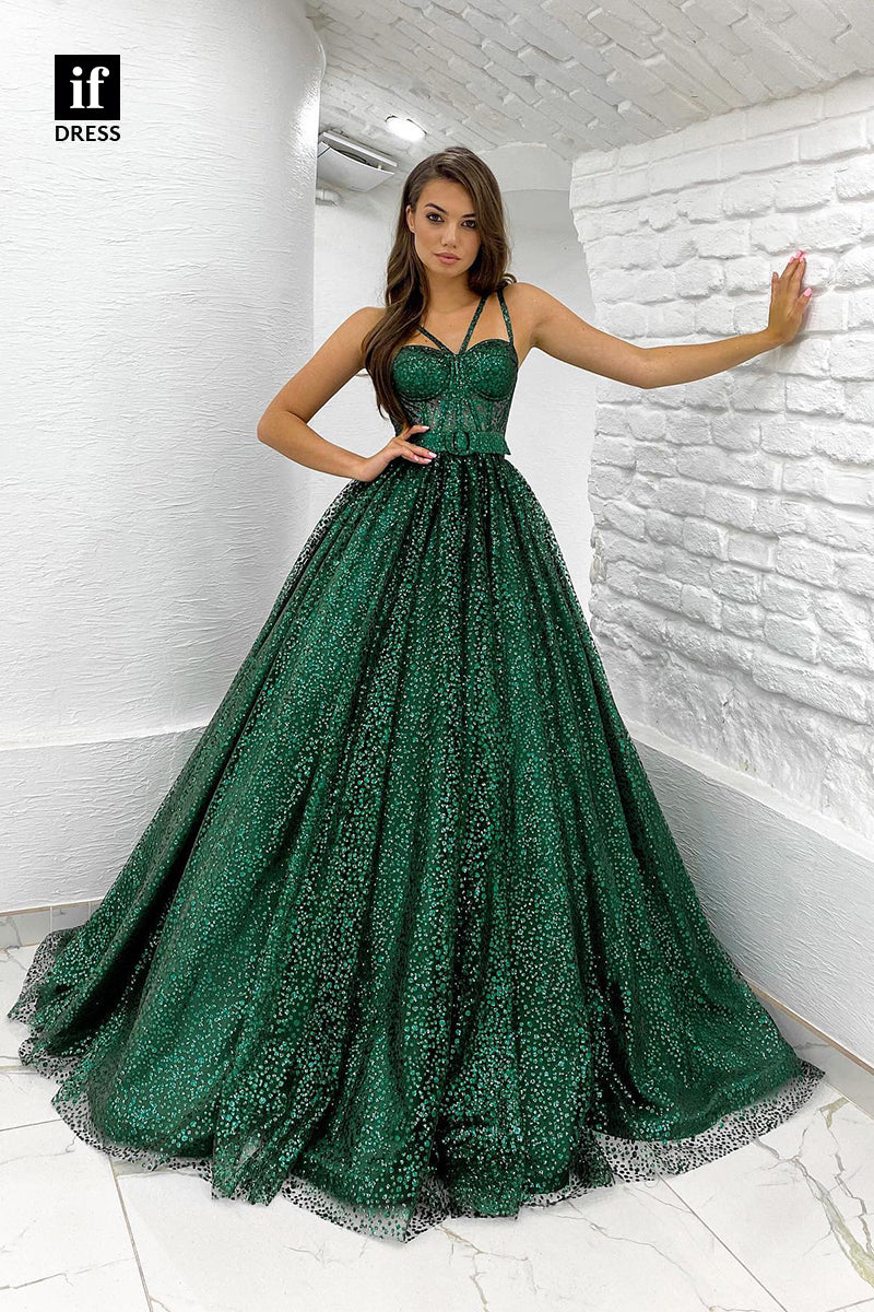 33912 - Sexy Spaghetti Straps Sweetheart Sleeveless Ball Gown Sparkly Formal Dress