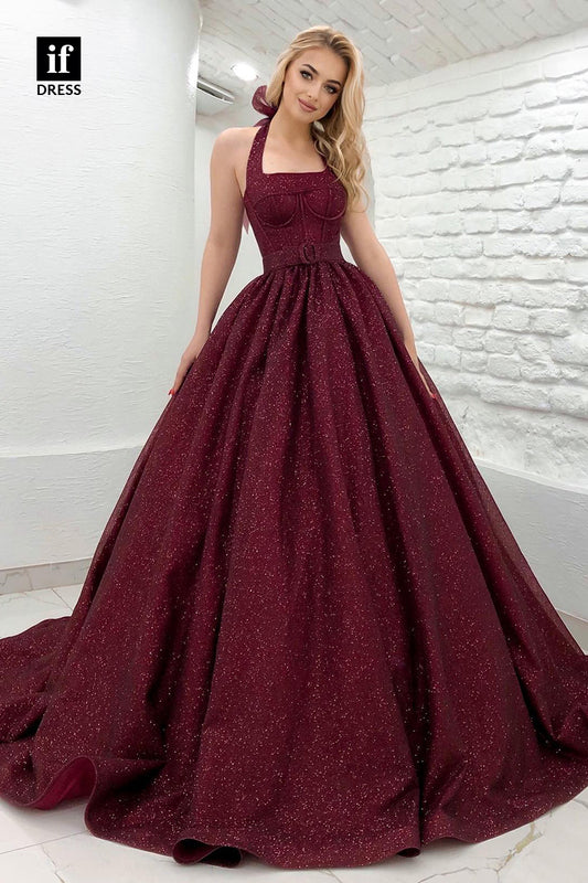33914 - Romantic Ball Gown Halter Backless Sparkly Prom Formal Dress