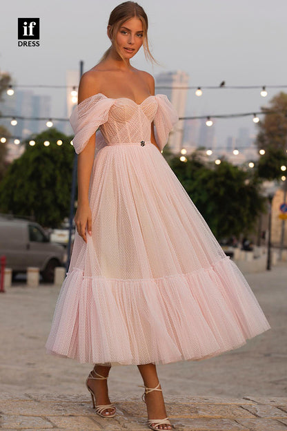 33919 - Romantic A-Line Off-Shoulder Sweetheart Cap Sleeves Tulle Formal Dress