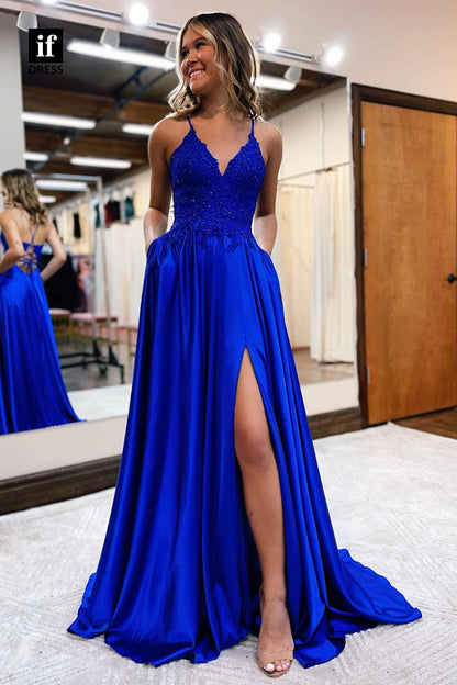 33928 - Sexy Spaghetti Straps Sequins V-Neck Split Prom Formal Dress