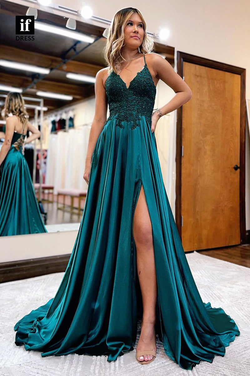 33928 - Sexy Spaghetti Straps Sequins V-Neck Split Prom Formal Dress