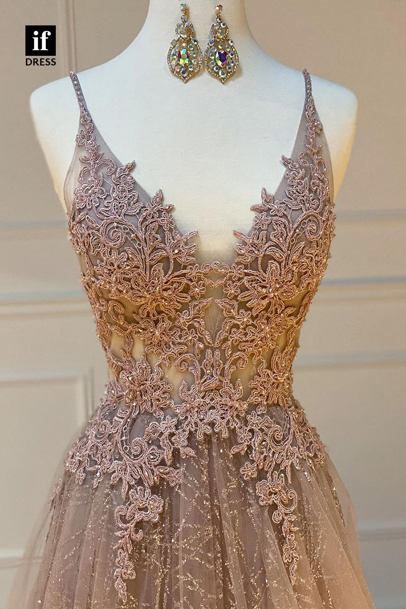 33931 - Charming Spaghetti Straps V-Neck Appliques Tulle Formal Gown