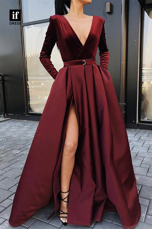 33934 - Elegant A-Line Long Sleeves V-Neck Belt Satin Velvet Formal Dress
