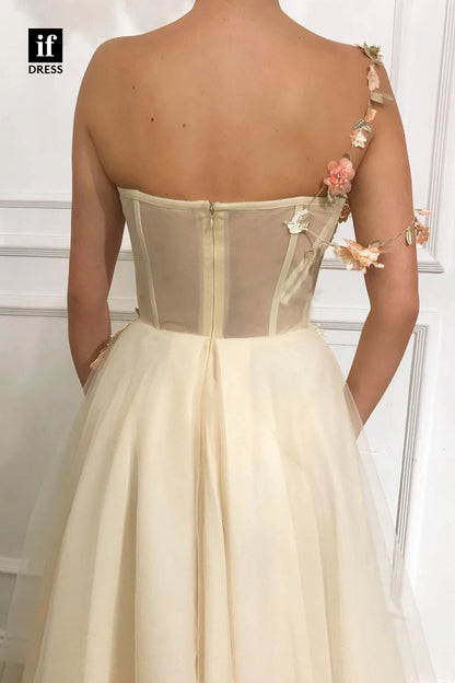 33936 - Elegant A-Line V-Neck One Shoulder Appliques Tulle Prom Formal Gown