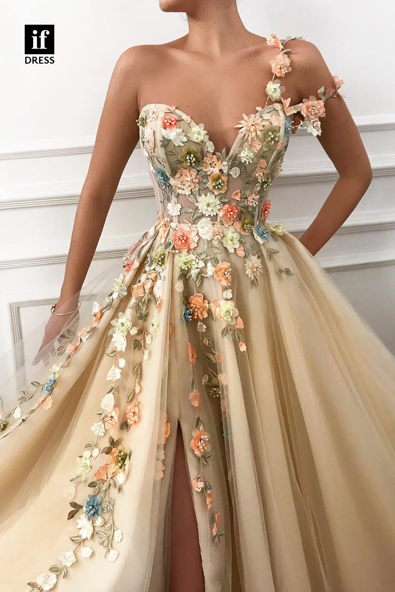 33936 - Elegant A-Line V-Neck One Shoulder Appliques Tulle Prom Formal Gown