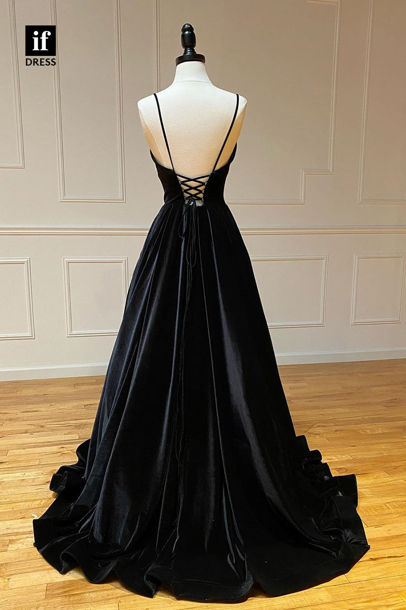 33940 - Elegant A-Line V-Neck Spaghetti Straps Velvet Formal Gown