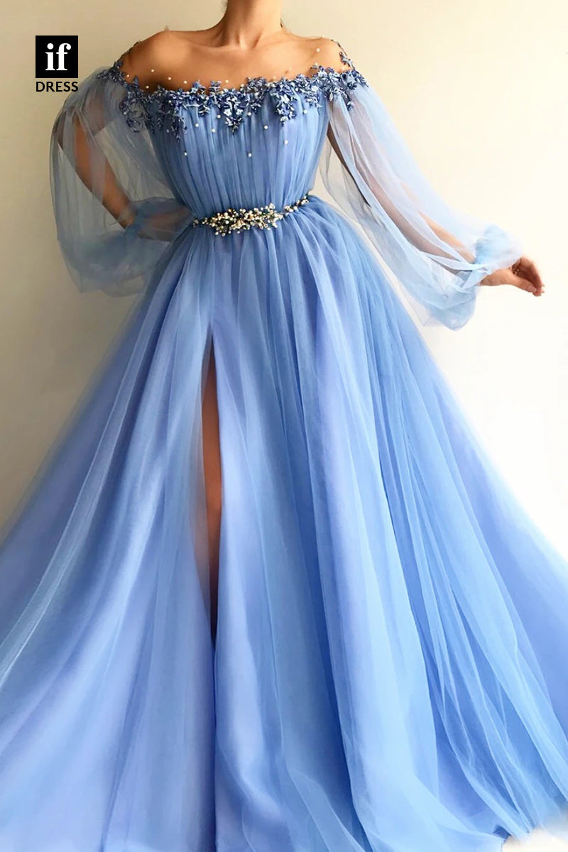 33943 - Romantic A-Line Off-Shoulder Long Sleeves Tulle Belt Prom Formal Gown